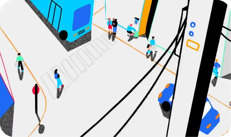 Animated overhead scene of people crossing a busy street