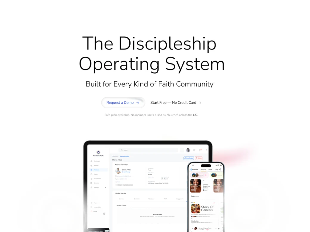 The HumDov Discipleship Operating System shown on a laptop and phone